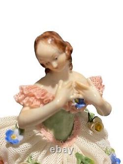 Vintage Volkstedt Dresden Germany Lace Ballerina Dancer With Flowers Figurine