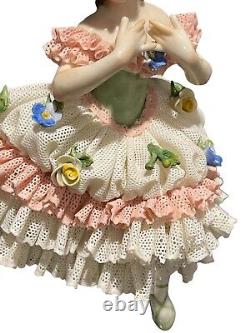 Vintage Volkstedt Dresden Germany Lace Ballerina Dancer With Flowers Figurine