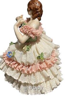 Vintage Volkstedt Dresden Germany Lace Ballerina Dancer With Flowers Figurine