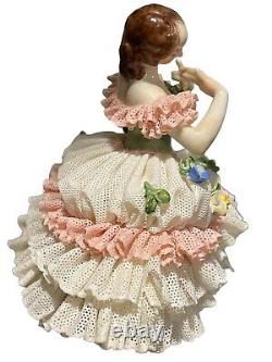 Vintage Volkstedt Dresden Germany Lace Ballerina Dancer With Flowers Figurine