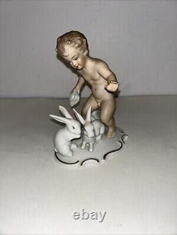 Vintage Wallendorf Porcelain Putti Figurine with Rabbits 1950's Germany VGC