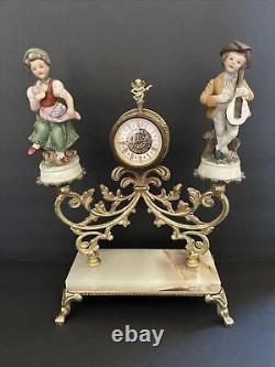 Vintage West Germany Porcelain Figurines, Brass, Marble Base Windup Clock Workin