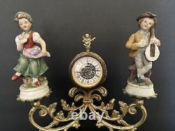 Vintage West Germany Porcelain Figurines, Brass, Marble Base Windup Clock Workin