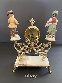 Vintage West Germany Porcelain Figurines, Brass, Marble Base Windup Clock Workin