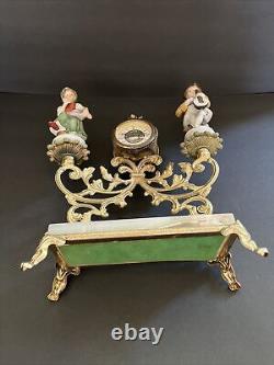 Vintage West Germany Porcelain Figurines, Brass, Marble Base Windup Clock Workin