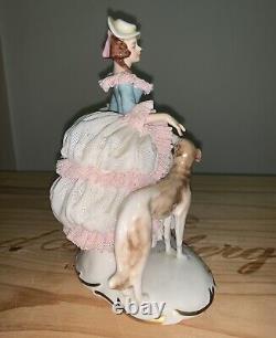 Vintage West Germany dresden lace lady with borzoi ak Kaiser porcelain
