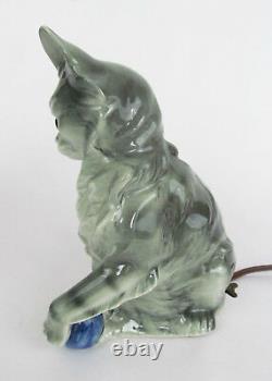 Vintage Western Germany Porcelain Gray Tabby Cat with Glass Eyes Perfume Lamp