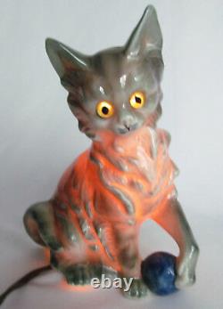 Vintage Western Germany Porcelain Gray Tabby Cat with Glass Eyes Perfume Lamp