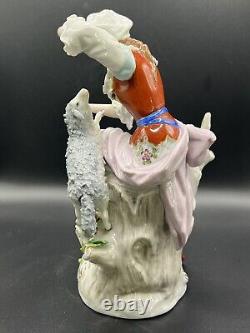 Vtg 1900s Sitzendorf German Porcelain Sheep Maiden Woman Feeding a Lamb Figure
