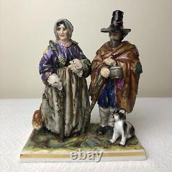 Vtg German Dresden Oldest Volkstedt Porcelain Beggar Peasant Man Woman & Dog Cat