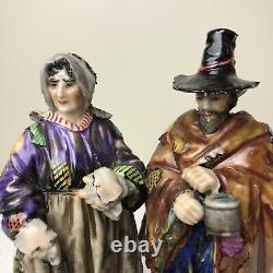 Vtg German Dresden Oldest Volkstedt Porcelain Beggar Peasant Man Woman & Dog Cat