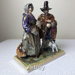 Vtg German Dresden Oldest Volkstedt Porcelain Beggar Peasant Man Woman & Dog Cat