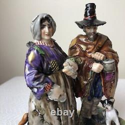 Vtg German Dresden Oldest Volkstedt Porcelain Beggar Peasant Man Woman & Dog Cat