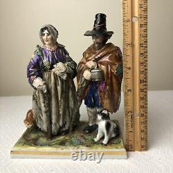 Vtg German Dresden Oldest Volkstedt Porcelain Beggar Peasant Man Woman & Dog Cat