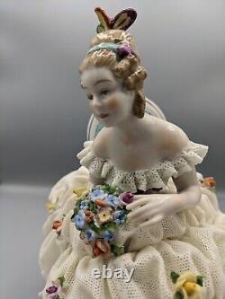 Vtg Large Unterweissbach German Dresden Lady W Flowers Porcelain Lace Figurine