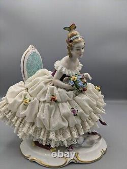 Vtg Large Unterweissbach German Dresden Lady W Flowers Porcelain Lace Figurine