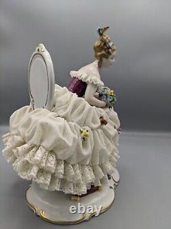 Vtg Large Unterweissbach German Dresden Lady W Flowers Porcelain Lace Figurine