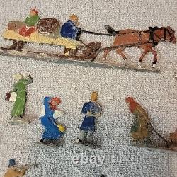 Vtg Lot (23) HEINRICKSEN Flat Metal Tin Mini Snow Village Scene Figures GERMANY