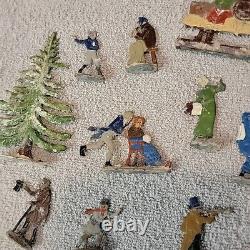 Vtg Lot (23) HEINRICKSEN Flat Metal Tin Mini Snow Village Scene Figures GERMANY