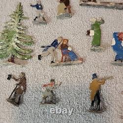 Vtg Lot (23) HEINRICKSEN Flat Metal Tin Mini Snow Village Scene Figures GERMANY