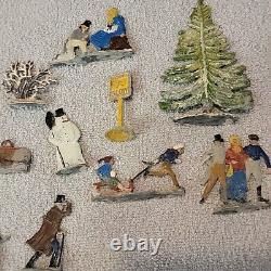 Vtg Lot (23) HEINRICKSEN Flat Metal Tin Mini Snow Village Scene Figures GERMANY