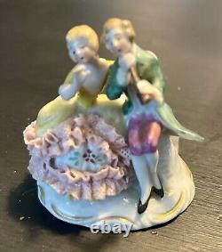 Vtg Sitzendorf Dresden Lace Couple 7 Placecard Holders Porcelain Figure Germany