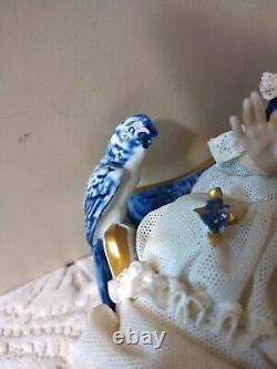 Vtg Unterweissbach Dresden Porcelain Figurine Lady w Blue Parrot & Book MUST SEE