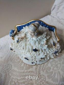 Vtg Unterweissbach Dresden Porcelain Figurine Lady w Blue Parrot & Book MUST SEE