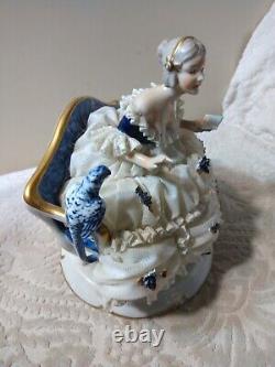 Vtg Unterweissbach Dresden Porcelain Figurine Lady w Blue Parrot & Book MUST SEE