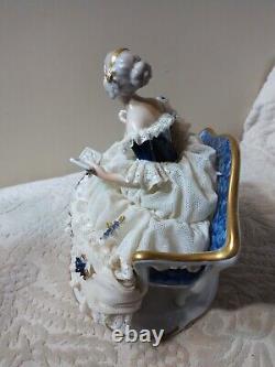 Vtg Unterweissbach Dresden Porcelain Figurine Lady w Blue Parrot & Book MUST SEE