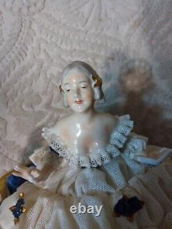 Vtg Unterweissbach Dresden Porcelain Figurine Lady w Blue Parrot & Book MUST SEE