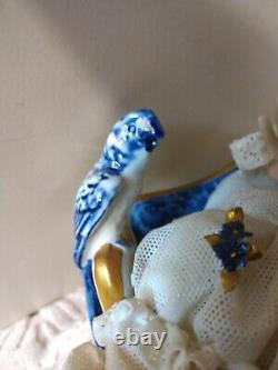 Vtg Unterweissbach Dresden Porcelain Figurine Lady w Blue Parrot & Book MUST SEE