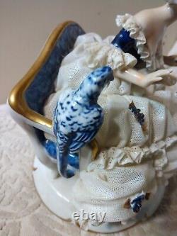 Vtg Unterweissbach Dresden Porcelain Figurine Lady w Blue Parrot & Book MUST SEE