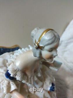 Vtg Unterweissbach Dresden Porcelain Figurine Lady w Blue Parrot & Book MUST SEE