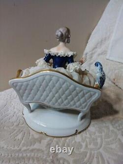 Vtg Unterweissbach Dresden Porcelain Figurine Lady w Blue Parrot & Book MUST SEE