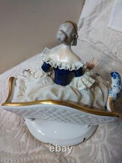 Vtg Unterweissbach Dresden Porcelain Figurine Lady w Blue Parrot & Book MUST SEE