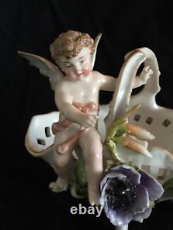 Yk4 Antique German Porcelain Sitzendorf figurine Basket Angel 1865 Year